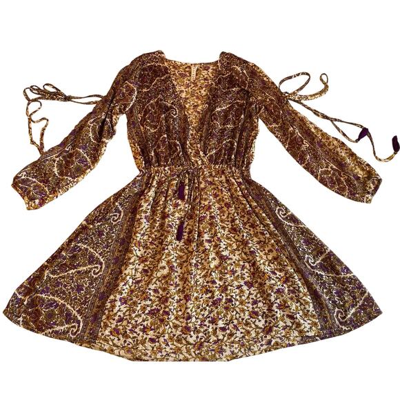 RAGA Bohemian Slit Sleeve Cold Shoulder Gold & Purple Floral Mini Dress Size XS - Picture 2 of 16